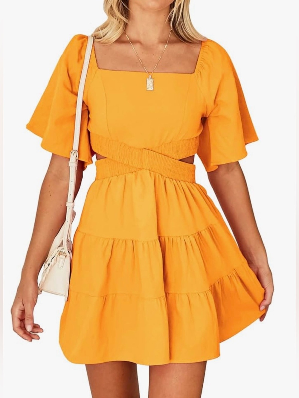 Shy Velvet Orange 100% Cotton  Square-Neck Cutout Tiered Mini Dress Large